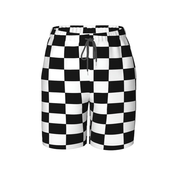 Black White Checkerboard Beach Pants Lightweight Teen Shorts with Mesh Lining and Drawstring