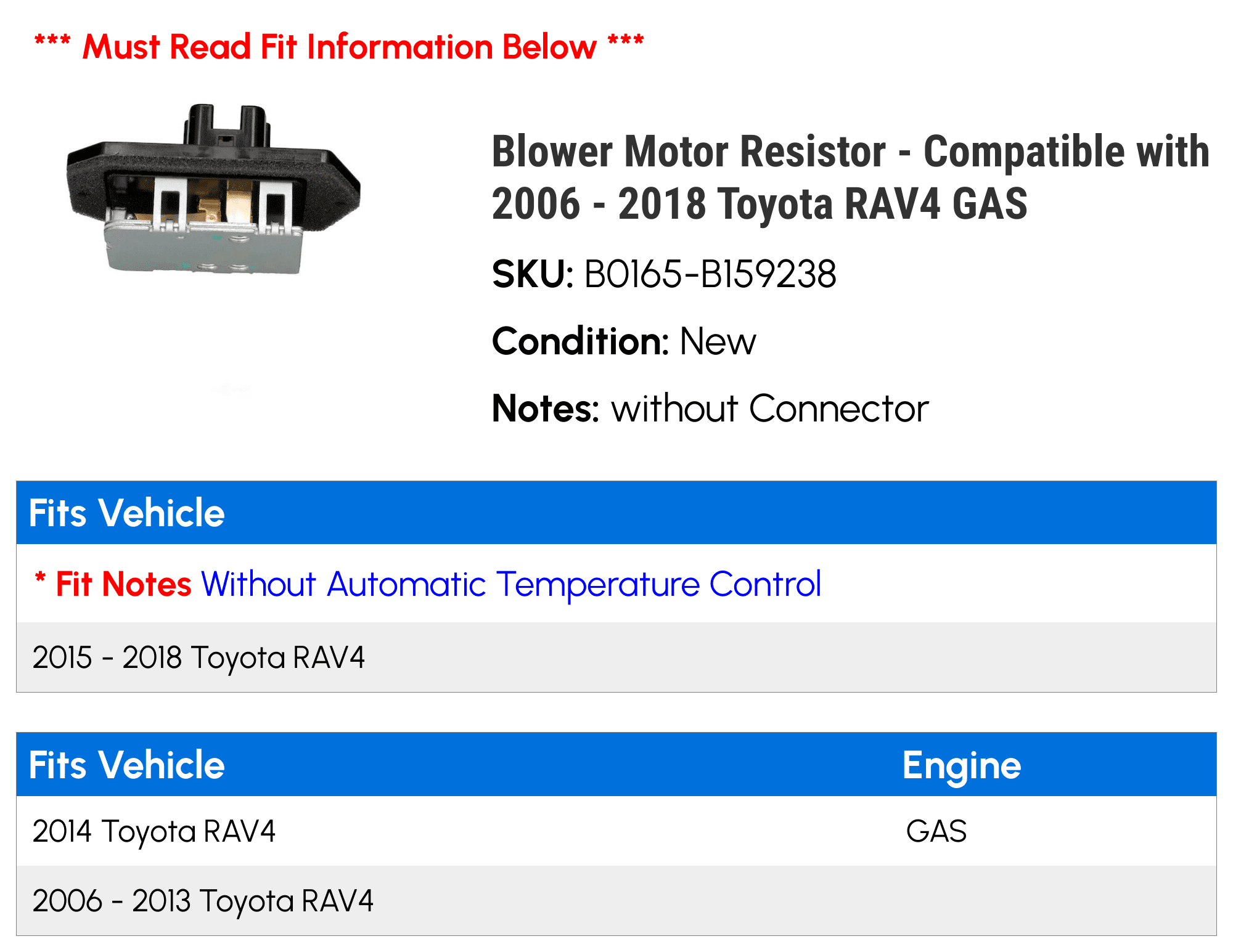 Blower Motor Resistor - Compatible with 2006 - 2018 Toyota RAV4 GAS - Holstein