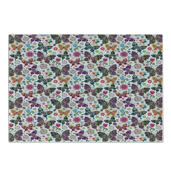 Butterfly Cutting Board, Sixties and Seventies Inspired Complex Image with Floral Elements and Butterflies, Decorative Tempered Glass Cutting and Serving Board, Small Size, Multicolor, by Ambesonne