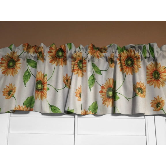 Cotton Window Valance Floral Print 58 Inch Wide Sunflowers on White