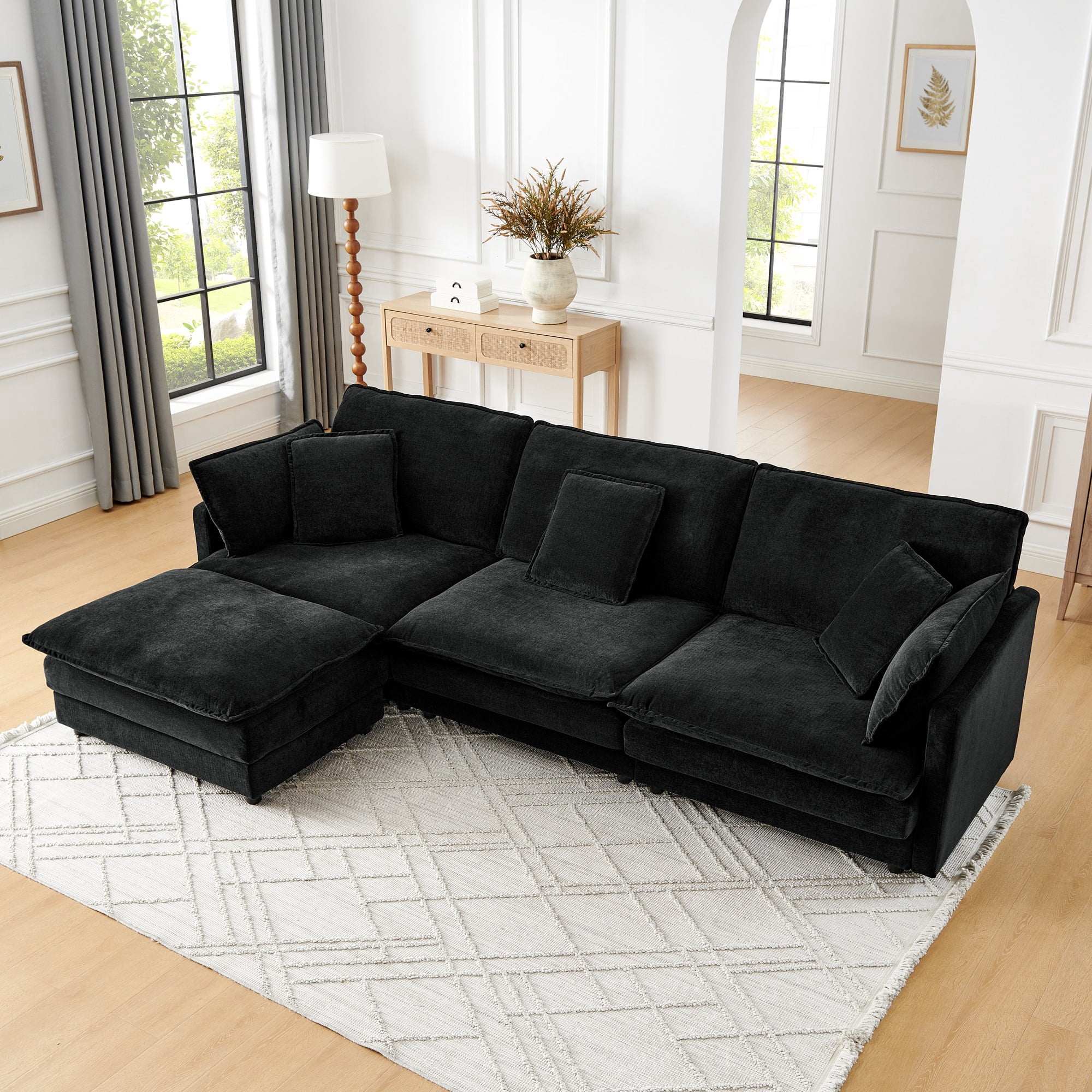 110" Modern L-Shaped Sectional Sofa Couches with Ottoman,Oversized Convertible 4 Seater Couch for Living Room,Black