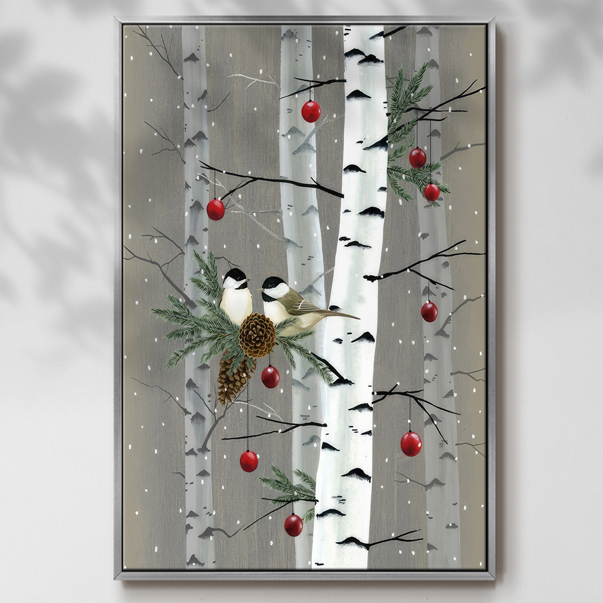 Birch Birds II - Framed Gallery Wrapped Holiday Canvas - 17 x 25 - Silver Frame