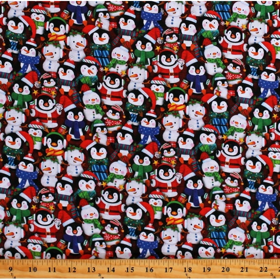Cotton Stacked Penguins Snowman Snowmen Santa Hats Christmas Holiday Festive Cotton Fabric Print by the Yard (OA595361-Blue)