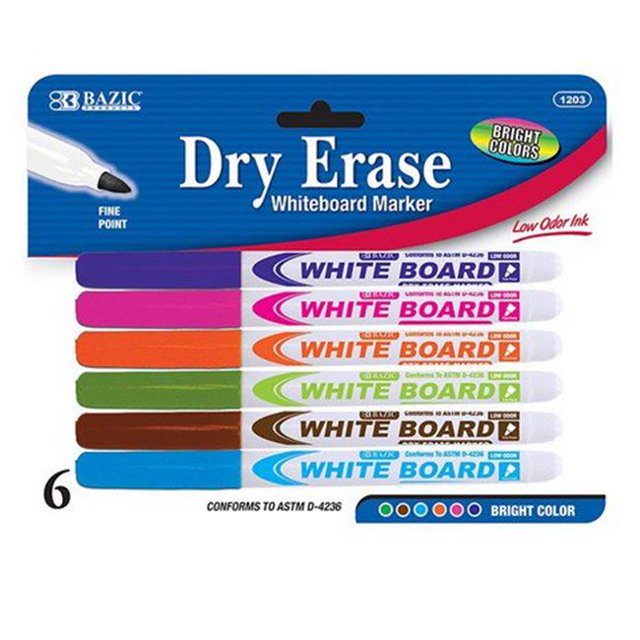 BAZIC Products Marqueurs Effaçables à Sec, Pointe Fine, Couleur Vive, Lot de 6