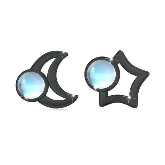 Cuoka Moon and Star Stud Earrings 925 Sterling Silver Tiny Moonstone Earrings for Women Wife 18K Black Gold Plated Jewelry Birthday Xmas Gift for Sensitive Ears