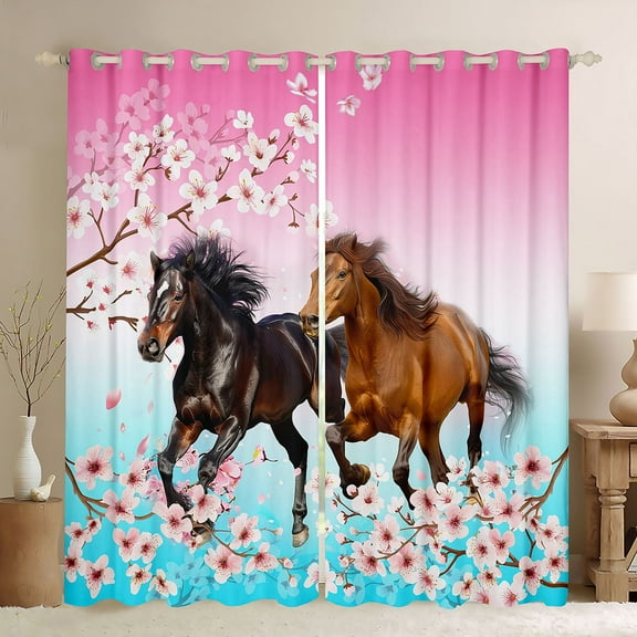 Homewish Galloping Horse Black Out Curtains For Teens Female Men,Western Farmhouse Animal Curtains Pack of 2 (42x63 Each),Cherry Blossom Bedroom Curtains,Gradient Room Decor