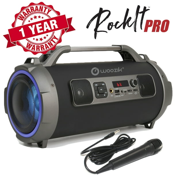 Woozik Rockit Pro Haut-parleur Bluetooth Boombox Sans Fil avec Radio FM et Carte Micro SD, Support USB, Micro et aux 3,5 Mm, Microphone pour Machine Karaoké, Lumières LED et Subwoofer
