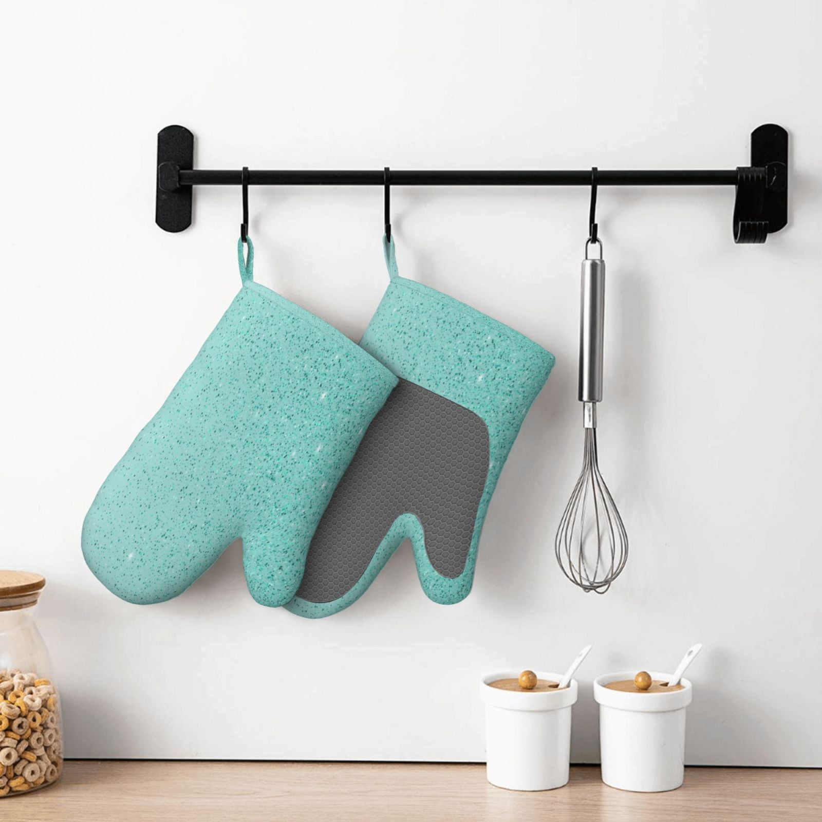 Hirioo Teal Turquoise Glitter for Silicone Oven Mitts for BBQ, Baking, Cooking, Set of 2, Heat Resistant 260℃, Non-Slip Kitchen Essentials