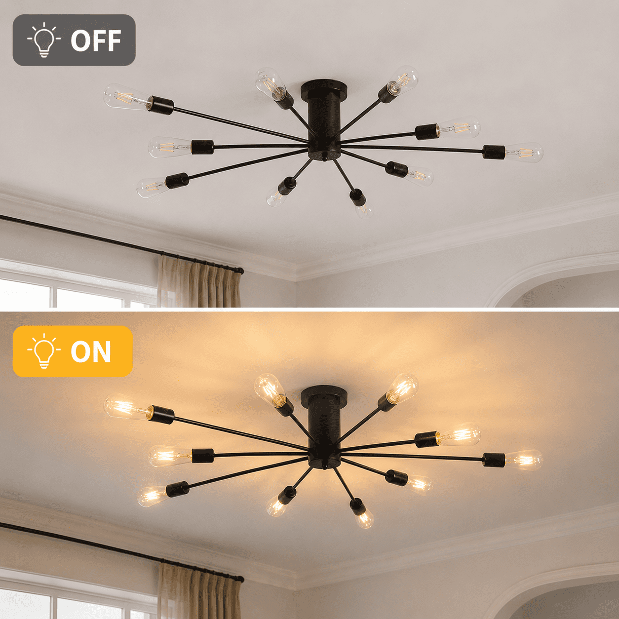 Garwarm 10-Light Black Sputnik Chandelier, Modern Semi Flush Mount Ceiling Light, Industrial Ceiling Lighting Fixture for Dining Room, Living Room, Bedroom, Kitchen, Foyer
