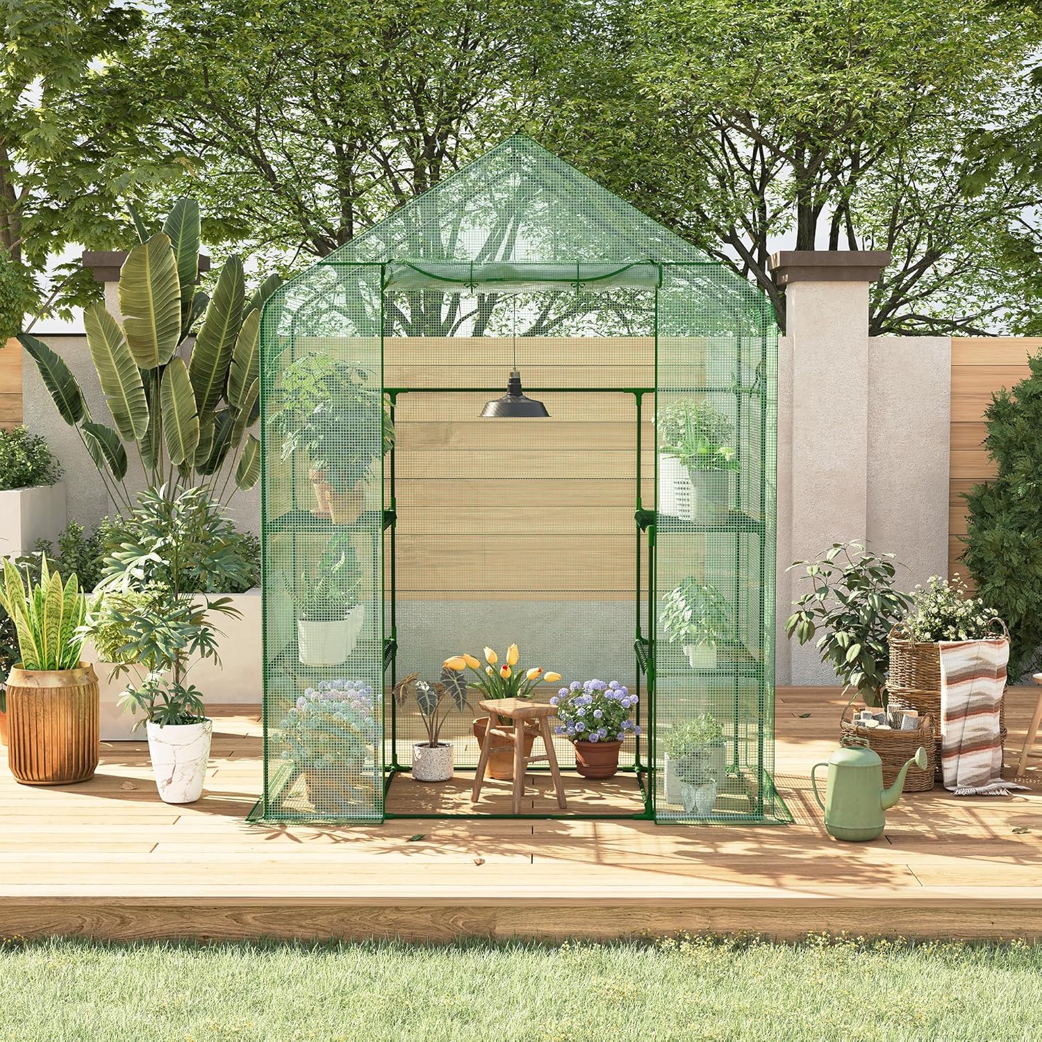 Yiwa 57"x29"x77" Portable Greenhouse with Thickened PE Cover & Roll-up Zipper Door - Walk-in Tunnels for Seedlings, Flowers, 4-Tier Shelves