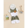 thumbnail image 3 of Suealasg Kids Boys Summer Outfits 6M 1T 2T 3T Toddler Boys Contrast Color Hooded Short Sleeve T-Shirts Tops and Elastic Waist Shorts 2Pcs Causal Clothing for Baby Boys, 3 of 9