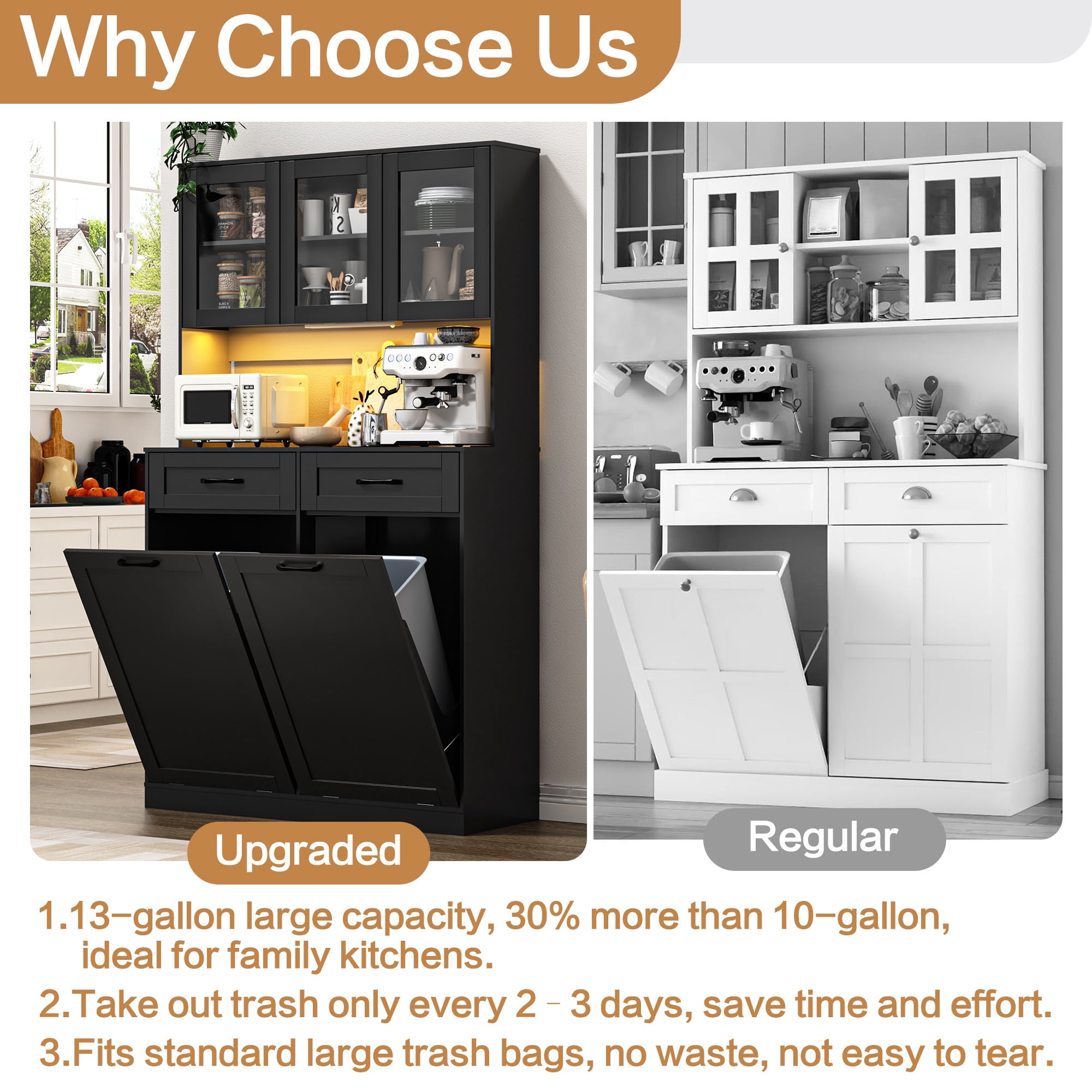 ANPOO 72.1"H Kitchen Pantry Storage Cabinet with Power Outlets & LED light, Kitchen Double Tilt Out Trash Cabinet 13X2 Gallon Garbage Holder with Two Drawers, Freestand Laundry Sort Cabinets