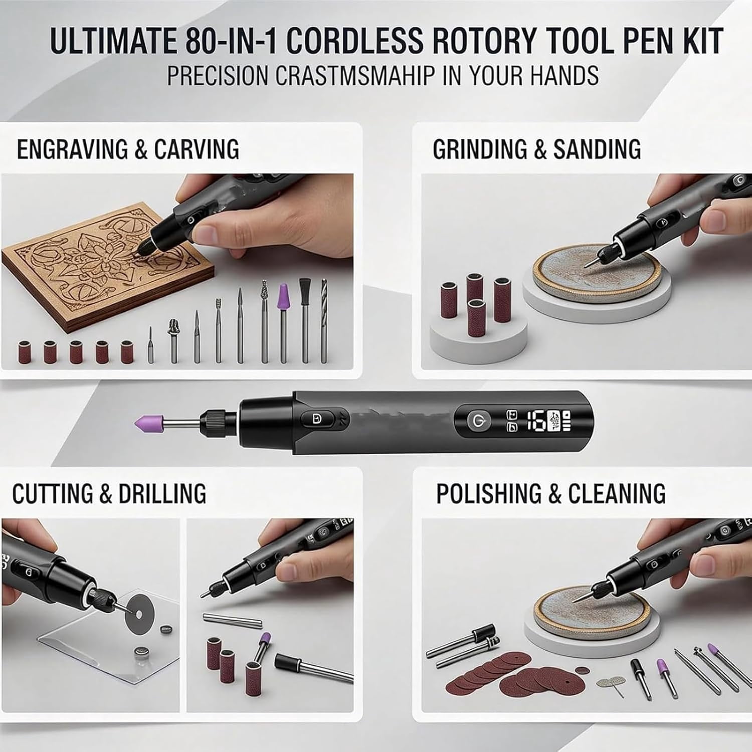 Mini Electric Rotary Tool Set with LED Light & Digital Display, Engraving Kit, 6-Speed Engraving Pen for Wood Carving, Glass Etching, Sanding, Small DIY Hobby Hand Tool (Gray)