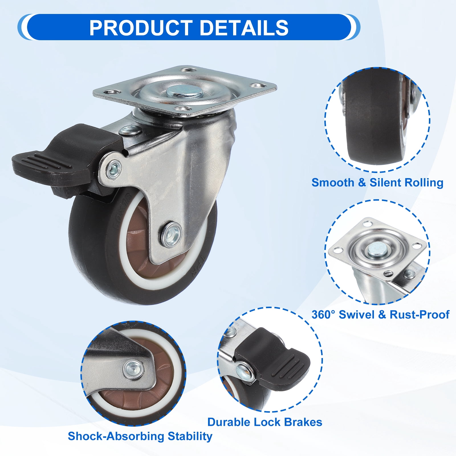 Uxcell 2 Inch Caster Wheels, 4 Pcs Heavy Duty TPR Locking Swivel Caster with Brake 77 Lbs for Furniture Cart Workbench, Brown