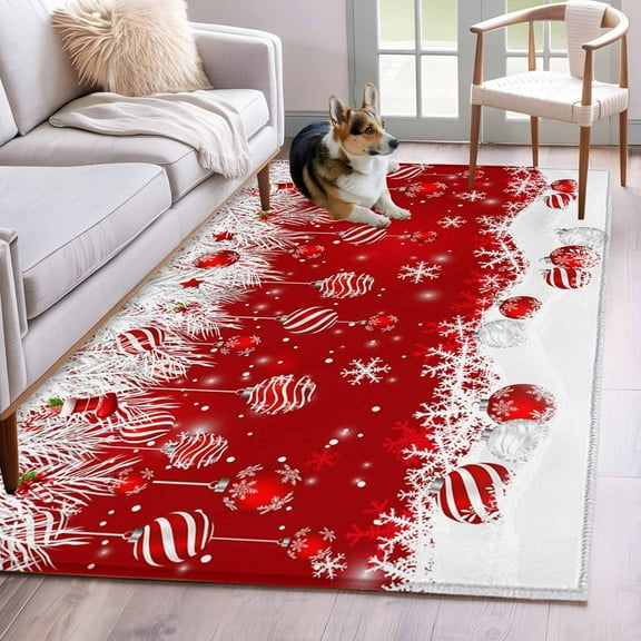 Area Rugs for Living Room 4x6 Ft, Red Christmas Non Slip Area Rugs for Kitchen Bedroom Entryway, Snowflake Xmas Ball Winter Washable Carpet Runner Rug Floor Mats for Bedroom Home Decor
