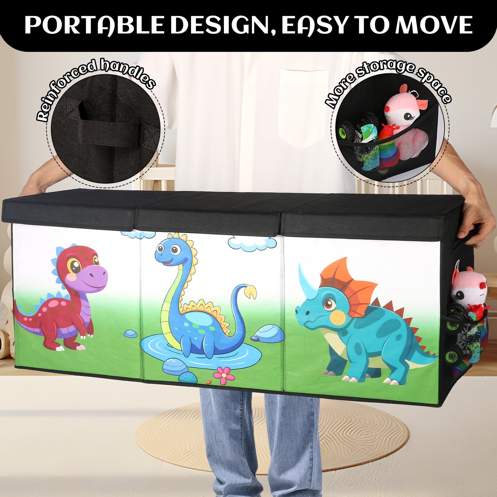 FIIOEOY Extra Large Toy Box, Collapsible Storage Organizer with Lids, Sturdy Dinosaur Toy Chest for Boys Girls, 40"x16"x16" Kids Storage Bin Box Baskets for Living Room, Playroom, Bedroom, Nursery