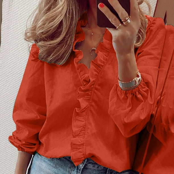 ICHUANYI Clearance Women Casual Full Sleeve V-Neck Tops Loose Shirts Plus Size Women Clothing(Orange, XL) ICHUANYI WER2023080703662