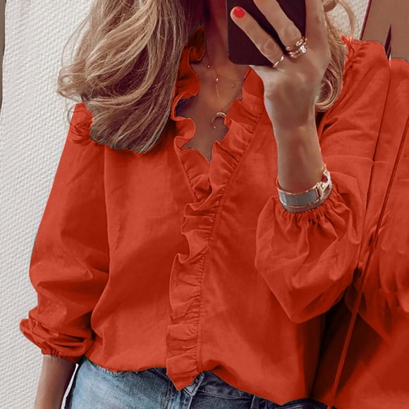 work blouses for women long sleeve v neck ruffle lace trim shirt plus size solid color tops dressy elegant blouses