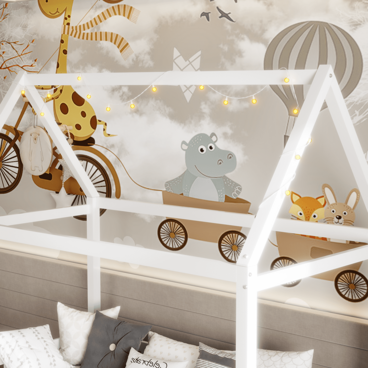 Harper & Bright Designs Wood House Bed Twin Size Floor Bed with Fence, Twin Montessori Bed Frame with LED Light for Girls & Boys, White