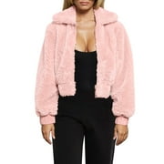 FANCYINN Womens Teddy Cropped Faux Fur Jacket Furry Lapel Coat Zip Up With Pockets Warm Winter Pink L