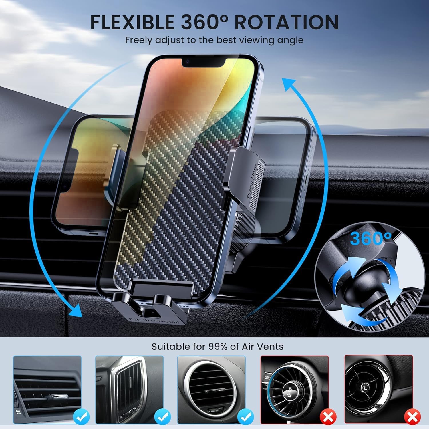 MKEUDQ-Car Phone Holder for Your Car [Thick Case Friendly] Automobile Accessories Air Vent 360 Degree Rotation [Super Stable] Dashboard Cell Phone Holder Fit for iPhone Android Smartphone