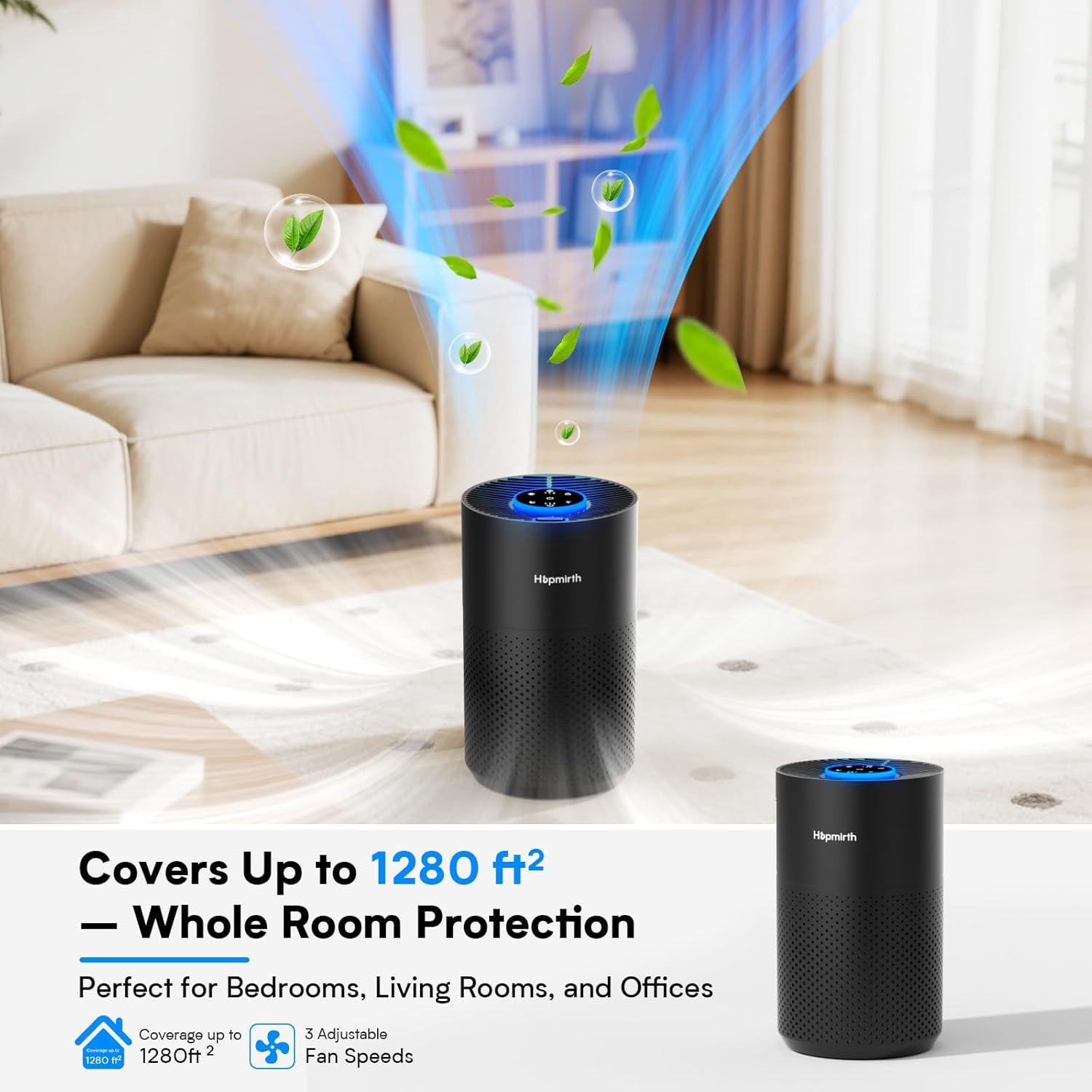 Upgraded Air Purifiers for Bedroom & Home with H14 True HEPA Filter, Covers Up to 1280ft², 360 ° Air Intake, Quiet Pet Air Purifier, Fragrance & Timer, Removes Smoke,Pet Dander & Pollen,White