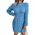 thumbnail image 2 of Casual Cable Knit Sweater Dress with Tie-Waist for Female, Autumn Winter Bodycon Tight Long Sleeve Tunic Blue L, 2 of 10