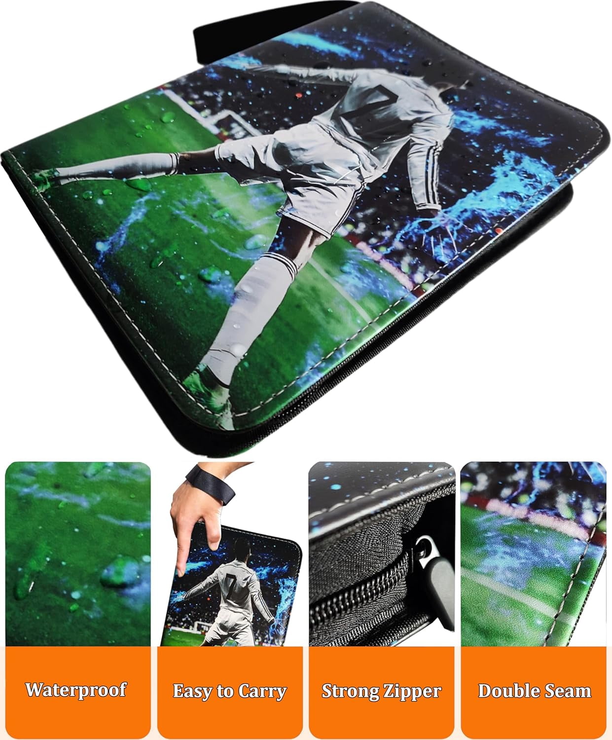 Soccer Card Binder 440 Pockets, 55 Sleeves Small Soccer Binder 3 Ring Zipper Trading Cards Holder 4 Pocket, Sport Card Collection Folder Book Storage Organizer, Album Case Protector Collector Gift