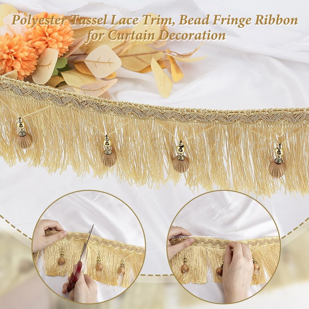 6m/6.6 Yards Hanging Beads Fringe Trim 4.4 Inch Wide Beaded Tassel Lace Gold Bead Fringe Ribbon Hanging Ball Fringe Trim Ribbon for DIY Crafts Clothing Curtain Table Home Decor Gold