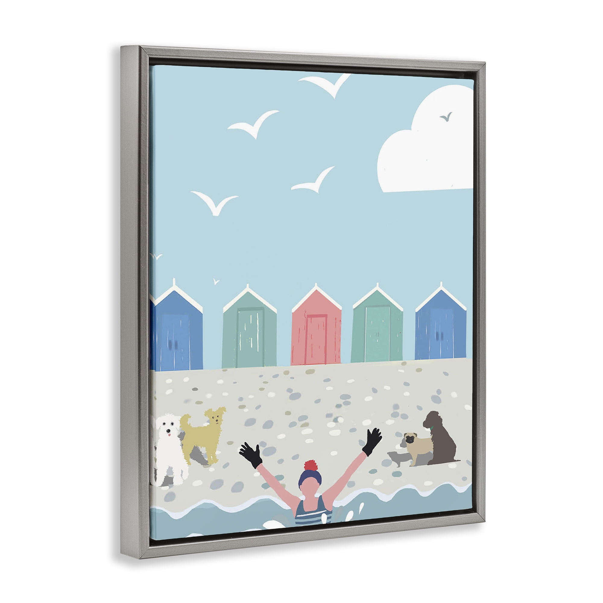 Stupell Industries Dog Friends on Beach Nautical & Beach Painting Gray Floater Framed Canvas Art Print Wall Art, 17 x 21