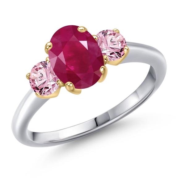 Gem Stone King 10K Two Tone Gold Red Ruby and Pink Lab Grown Diamond Engagement Ring for Women | 2.10 Cttw | Oval 8X6MM | Gemstone July Birthstone | Size 6