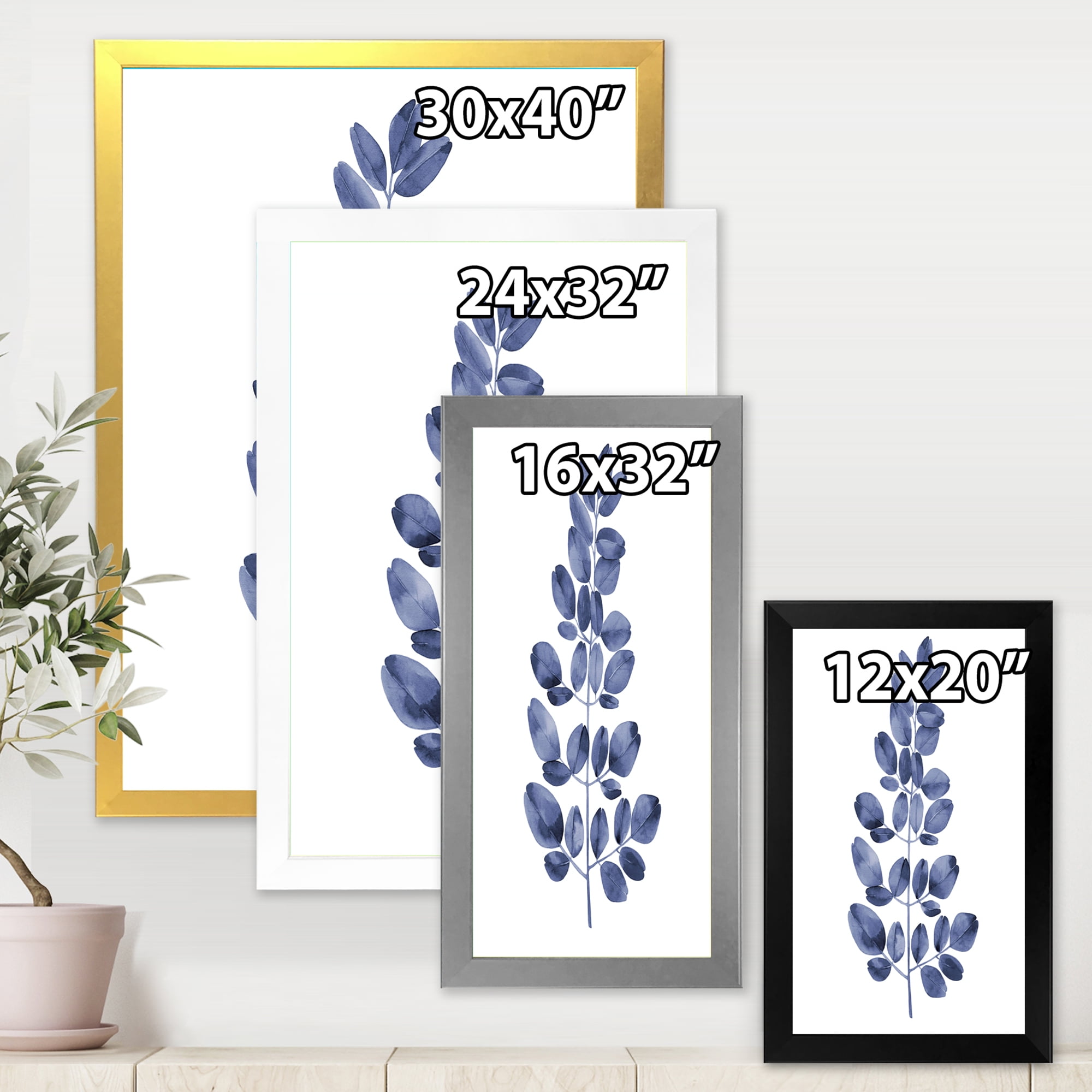 Designart 'Navy Blue Eucalyptus On White' Traditional Framed Art Print