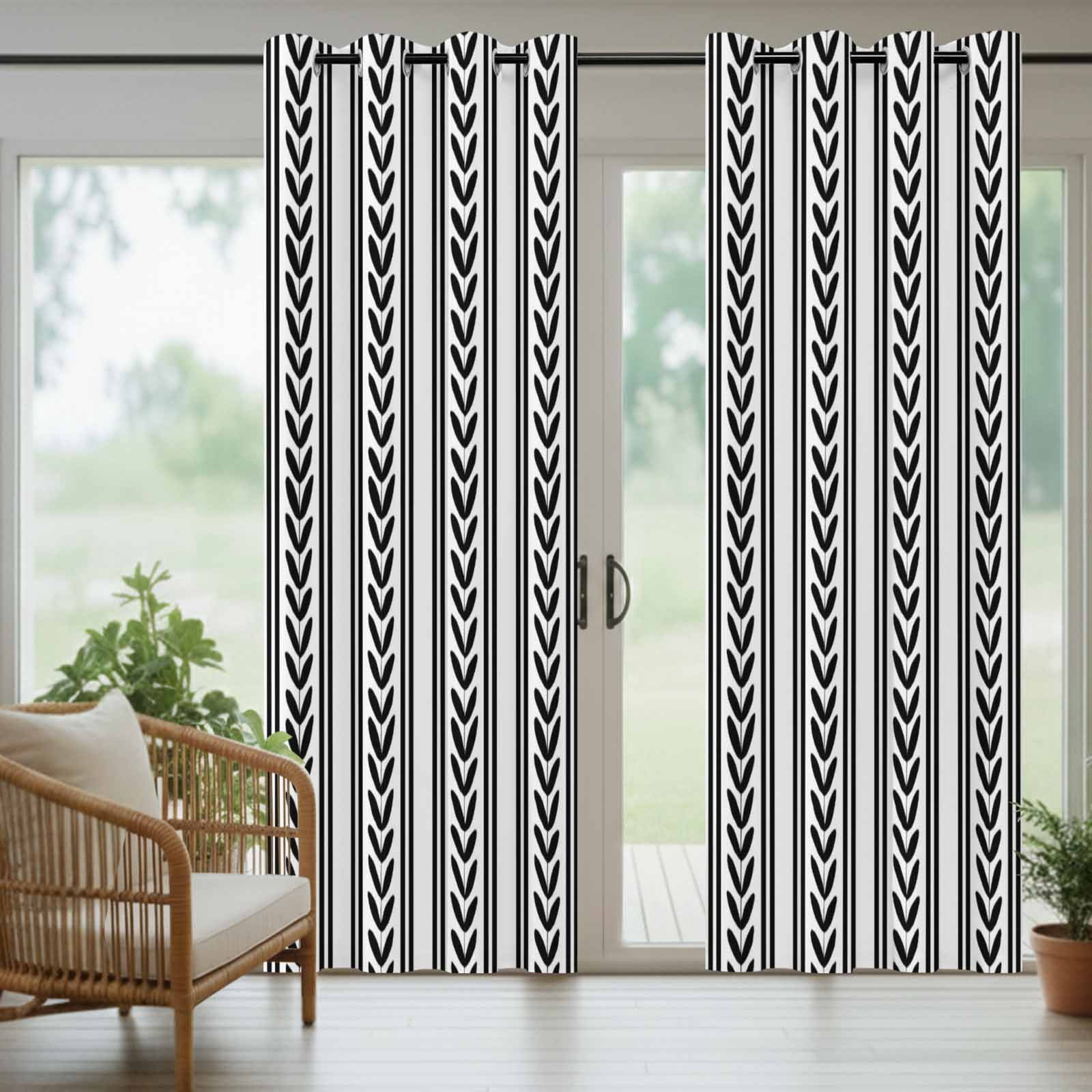 Black Leaves Striped Outdoor Curtains for Patio, Rustic Farmhouse Country Stripe Modern Sunshade Privacy Drapes Grommet Waterproof Outside Curtains for Porch/Cabana/Balcony 54"x 108", 1 Panel