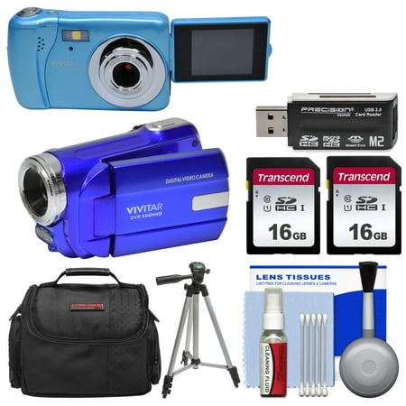 Vivitar ViviCam VXX14 Selfie Digital Camera + DVR-508 HD Camcorder (Bue) with (2) 16GB Cards + Case + Tripod +
