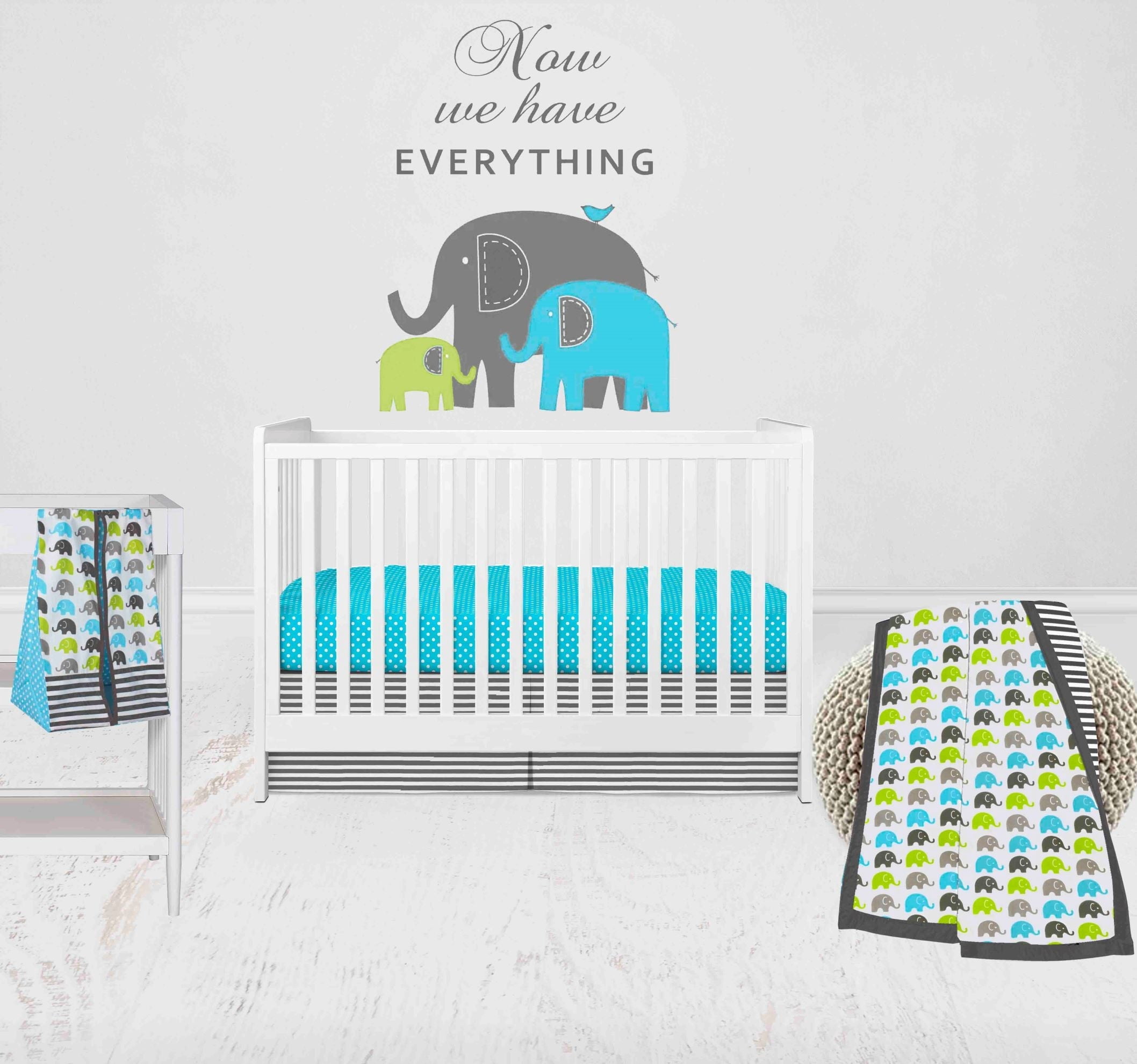 Bacati - Elephants 4-Piece Crib Bedding Set with Diaper Stacker - Aqua/Lime/Grey Unisex