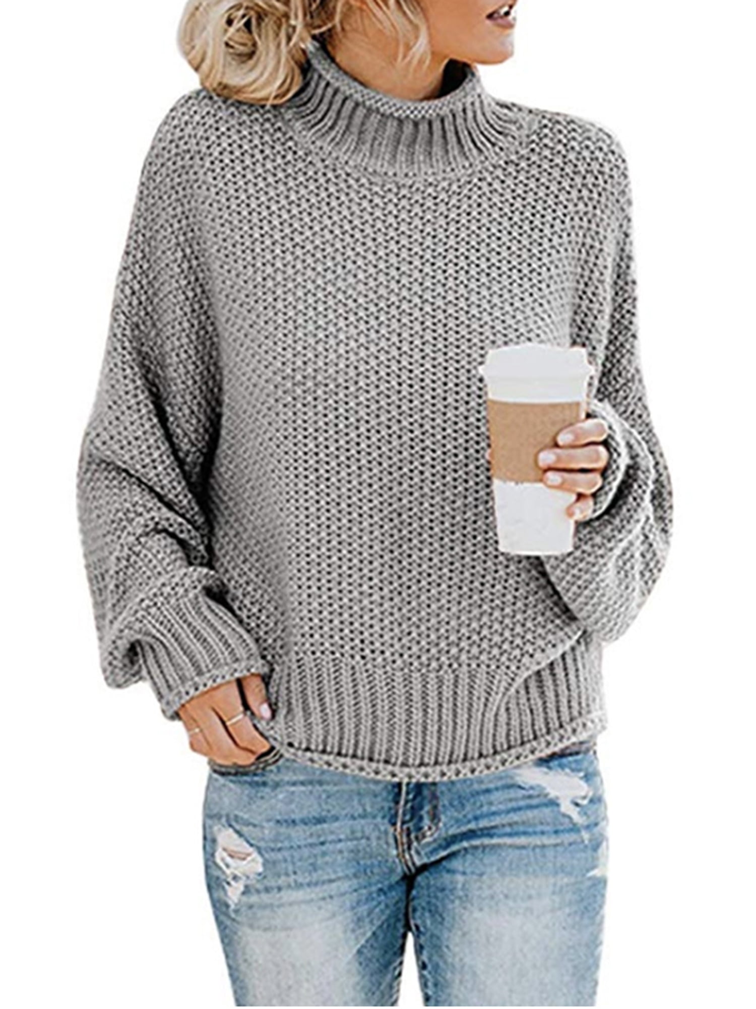 AILMY Womens Sweaters Loose Casual Solid Soft Knitted O-Neck Long Sleeve Lazy Winter Pullovers 