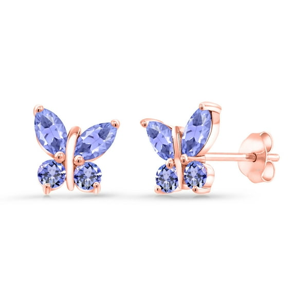 Gem Stone King 18K Rose Gold Plated Silver Marquise Blue Tanzanite Butterfly Earrings for Women (1.60 Cttw, Gemstone December Birthstone, Center Stone: 6X3MM, Small Stones: 3MM)