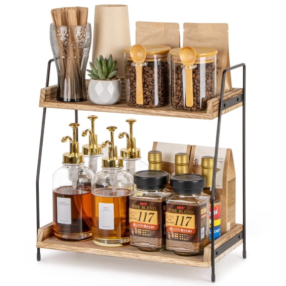 USIONE Countertop Coffee Station Organizer, 2 Tier Wooden Shelf for Coffee Bar Accessories, Condiment Storage Caddy for Kitchen, Home, Office - Brown