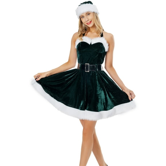 SUNSIOM Women's Christmas Santa Dress Deluxe Mrs. Claus Costume Halter Velvet Dress Hat Set