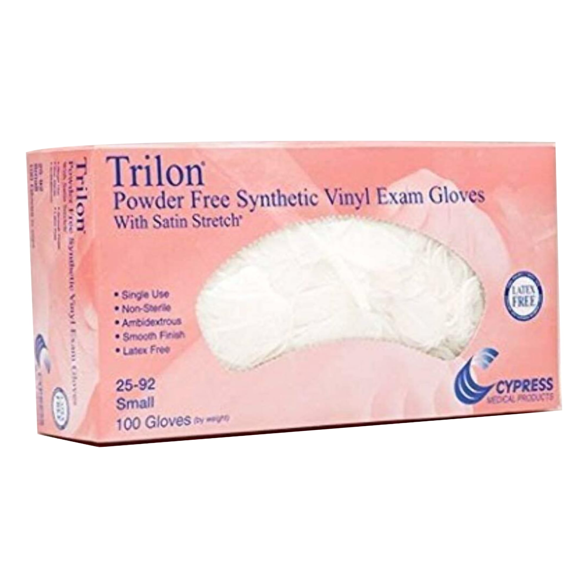 Trilon Exam Gloves - Vinyl, Powder-Free, Beaded Cuff, Non-Sterile, Small, 100 Count, 10 Boxes, 1000 Total