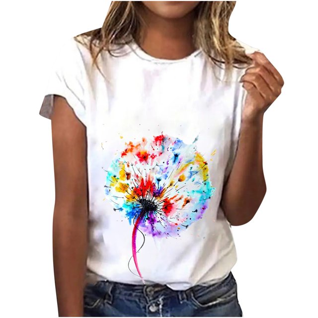 T-shirts d'Été Décontractés pour Femmes Col Rond Manches Courtes Tee Graphique Tendance Basique Confortable Coupe Ample Blouses Chandail