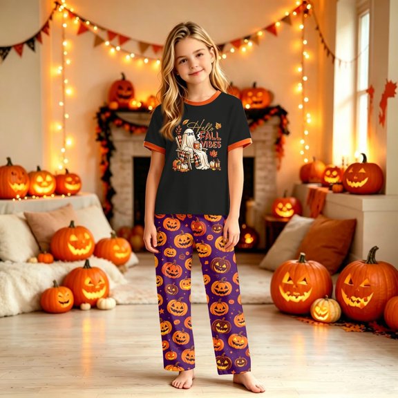 YNGKMEA Halloween 2026 Family Pajamas Set Halloween Holiday Pjs Matching Sets Festival Gathering Matching Sets Scary Pumpkin Pattern Jammies for Couples Kids 4 Years