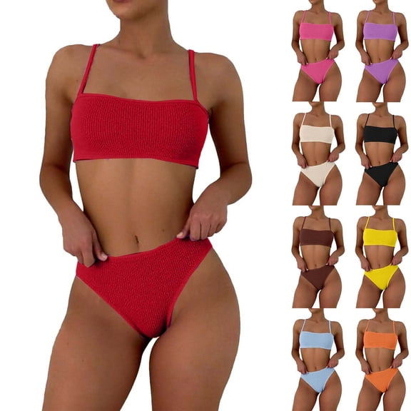 ThriftyPlait Women Crinkle Textured Two Piece Bikini Set Breathable Slimming Spaghetti Strap High Cut Cheeky Swimsuit Summer Beach Bathing Suit