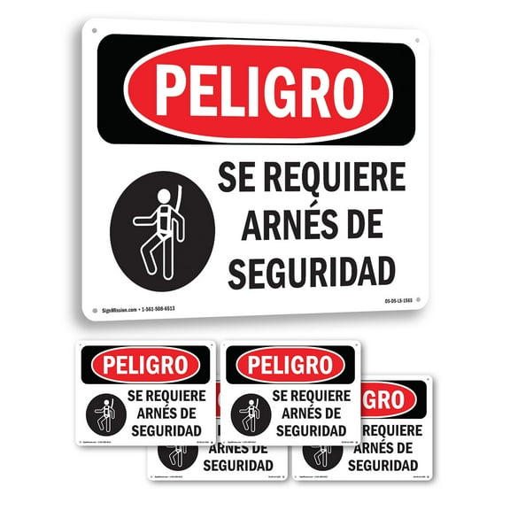 Safety Harness Required Spanish OSHA Danger Aluminum Sign 10 Inch x 7 Inch - 5 Pack