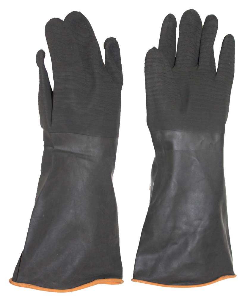 14" Black Natural Rubber Gloves with Crinkle Finish & Rolled Cuff