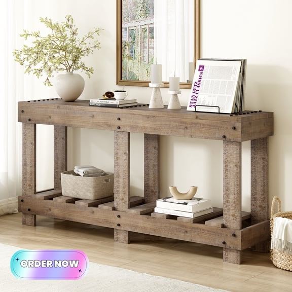 Tcbosik 2-Tier Console Table, 62.9 inch Entryway Table with Storage, Foyer Table with Open Shelf for Living Room, Hallway, Easy Assembly, Natural