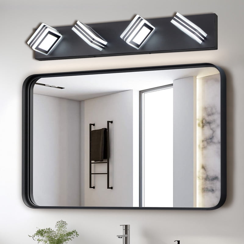 26" Modern 4 Light LED Vanity Light, Black Bathroom Light Fixture Over Mirror with Square Acrylic Shades, Wall Mounted Bathroom Lighting for Makeup, Bedroom, Powder Room