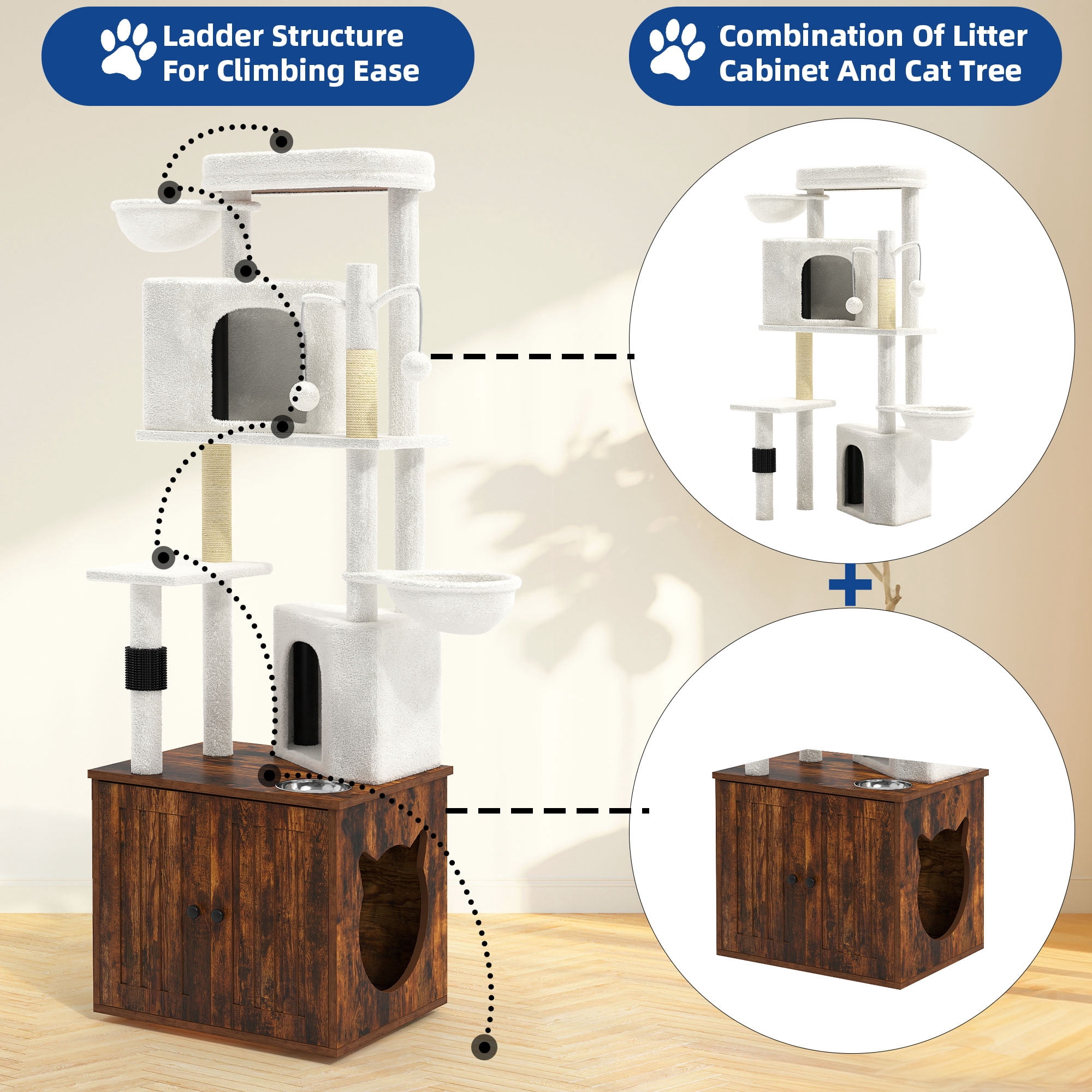Dextrus Modern Cat Tree with Hidden Litter Box Enclosure,  Cat Furniture with Scratching Posts, 4-Tier Platform, Condos and Food Station, Brown