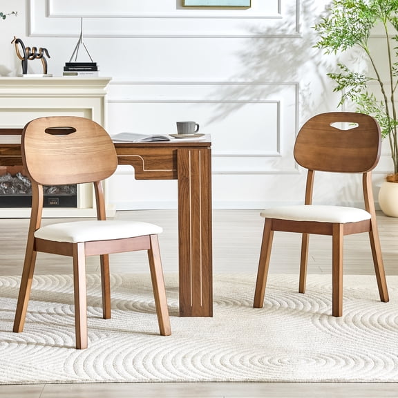 GDF Studio Set of 2 Dining Chairs with Solid Wood Frame, PU Cushion Seat, Walnut White