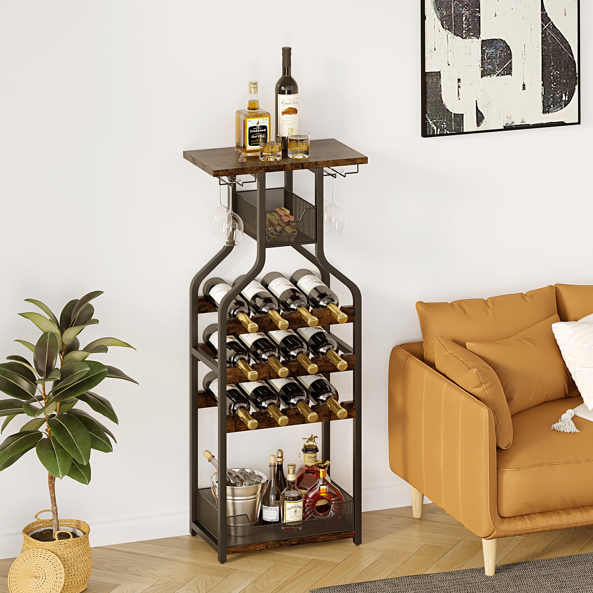 KTENME Metal Wine Rack Wine Bottle Holders Stands Freestanding Floor Wine Storage Organizer Display Rack Table Wine Glass Rack for Bar Kitchen Dining Living Room Small Spaces Rustic Brown Walmart